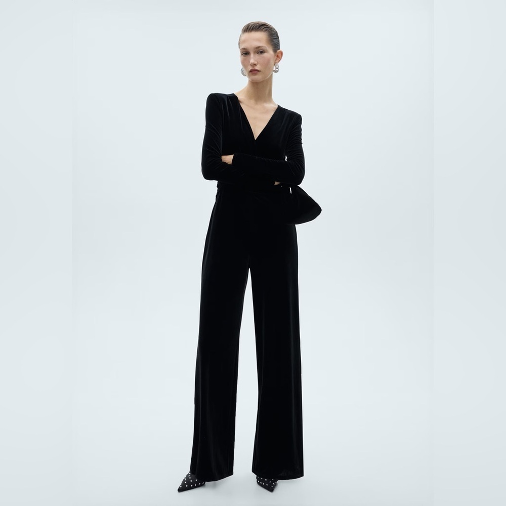 Mango black crossed velvet jumpsuit NWT